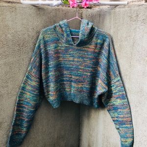 Multicolored Hooded Crop Sweater Oversized  Cozy